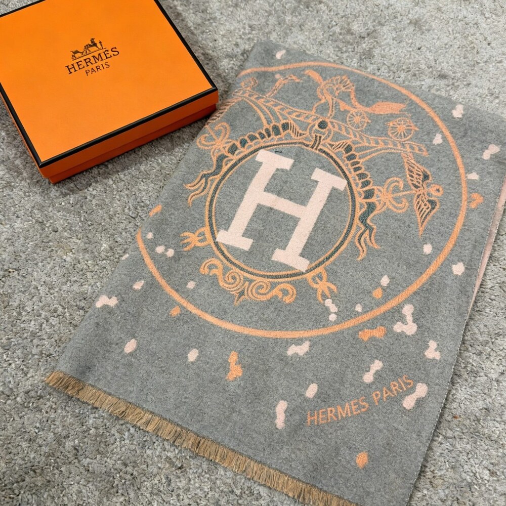 Hermes Gray Peach H Medallion Fringe Scarf